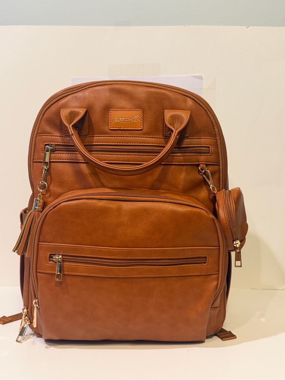 NWOT ROSEGIN Diaper/Backpack Tan /Brown Faux Leather